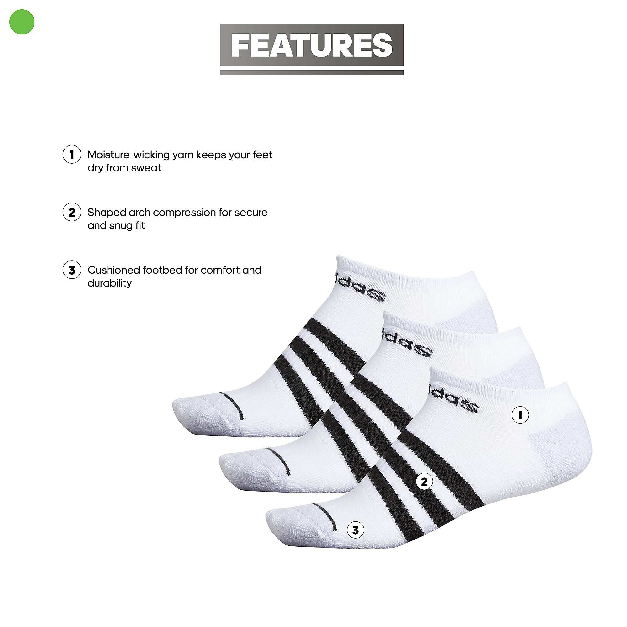 adidas Men's 3-Stripe No Show Socks (3-Pair), White/Black/Clear Onix Grey, Large