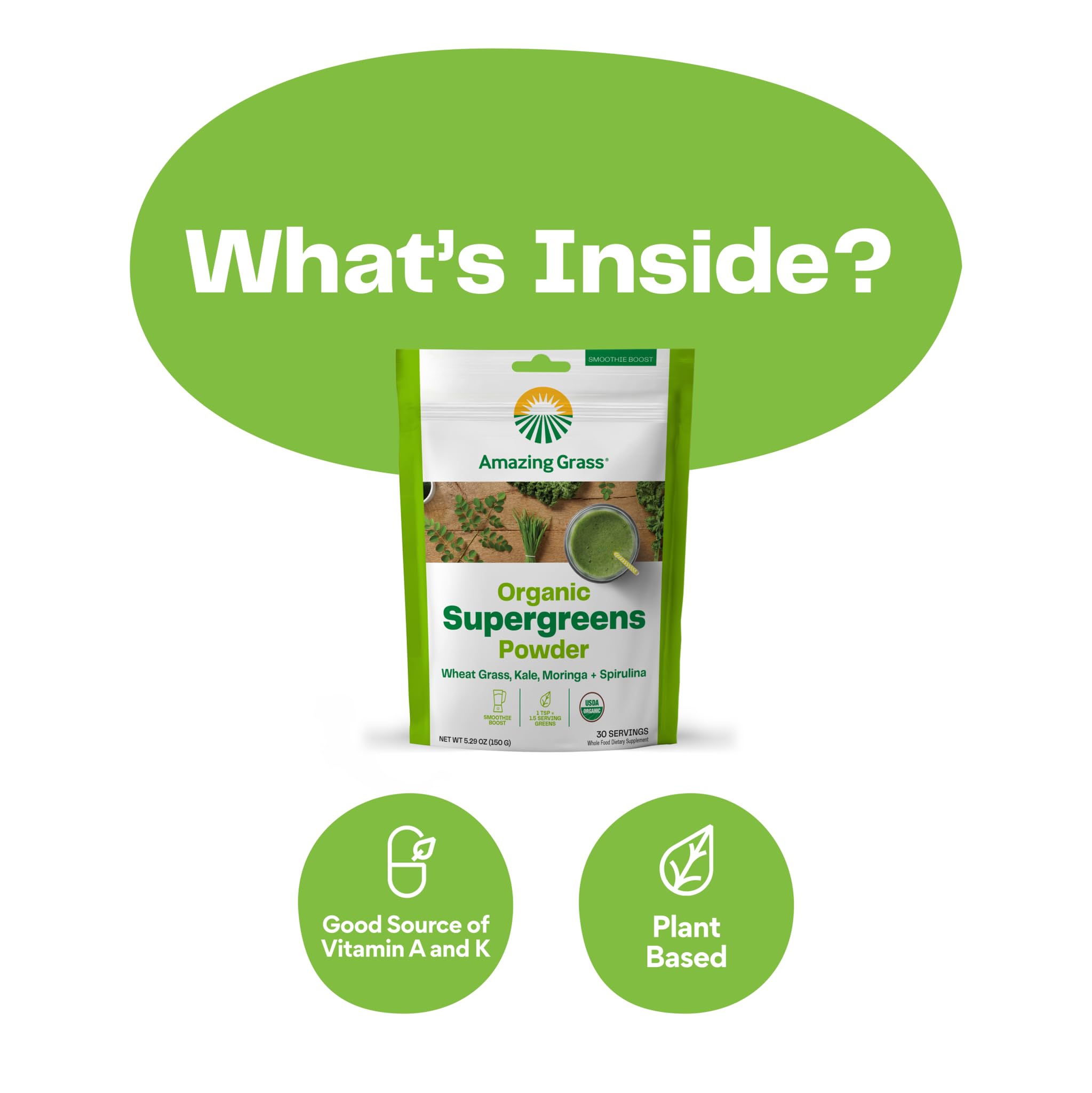 Amazing Grass Super Greens Booster: Greens Powder Smoothie Mix with Spirulina, Moringa, Wheat Grass & Kale Smoothie Booster, Chlorophyll Providing Greens, 30 Servings