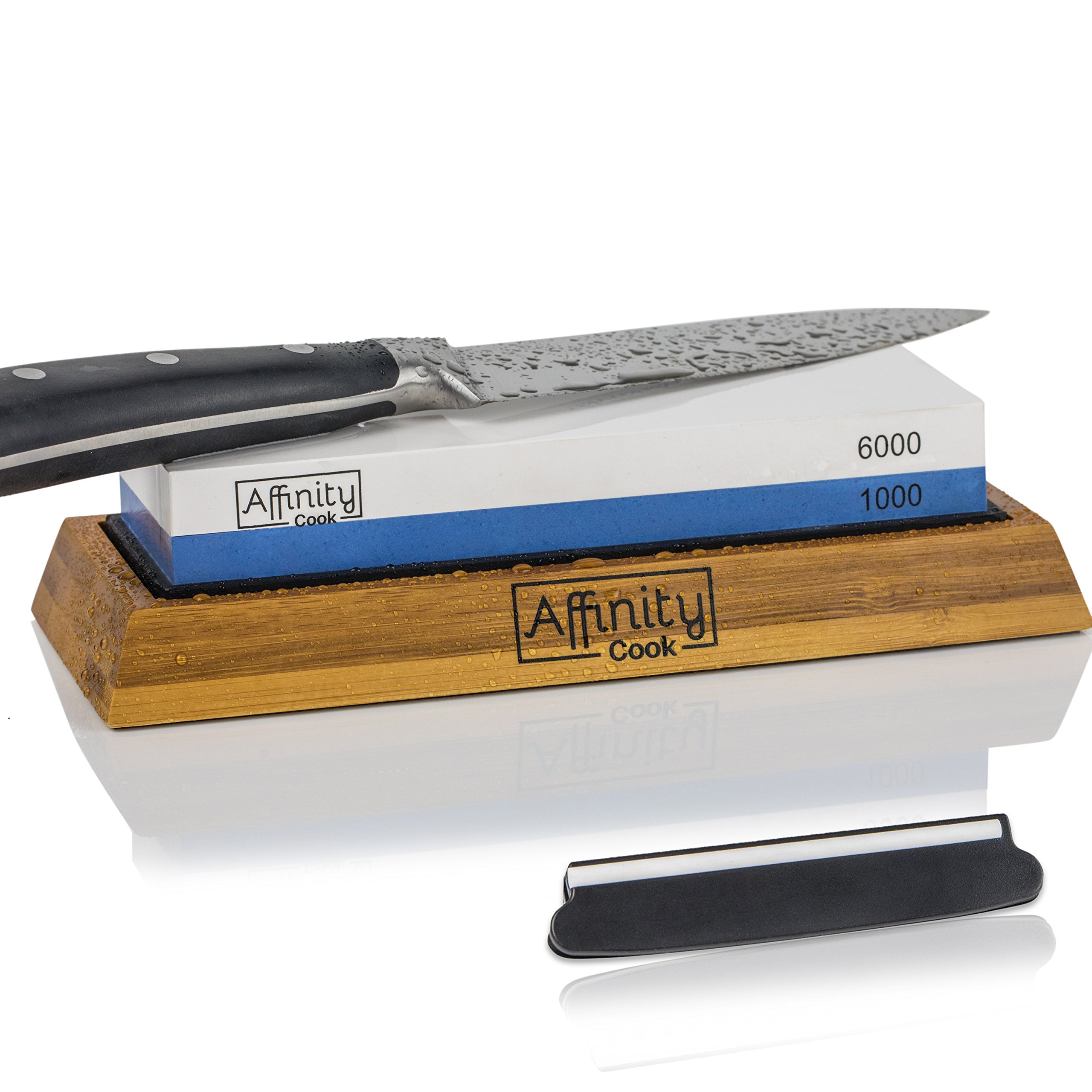 Premium Whetstone knife sharpener kit by Affinity Cook- Professional Japanese sharpening stone with 2 side grit 1000/6000- A natural non-slip bamboo base with BONUS angle guide