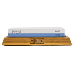 Premium Whetstone knife sharpener kit by Affinity Cook- Professional Japanese sharpening stone with 2 side grit 1000/6000- A natural non-slip bamboo base with BONUS angle guide