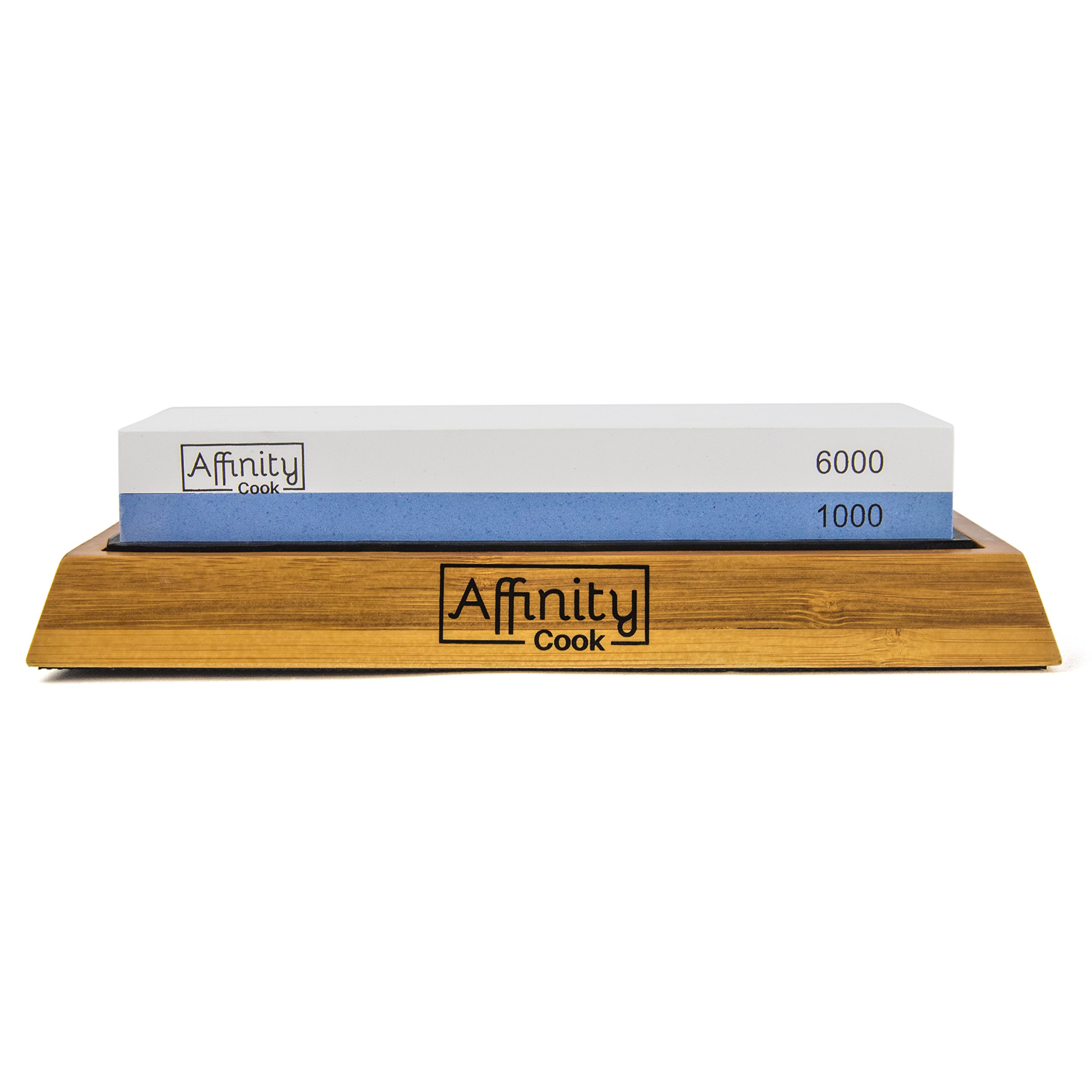 Premium Whetstone knife sharpener kit by Affinity Cook- Professional Japanese sharpening stone with 2 side grit 1000/6000- A natural non-slip bamboo base with BONUS angle guide