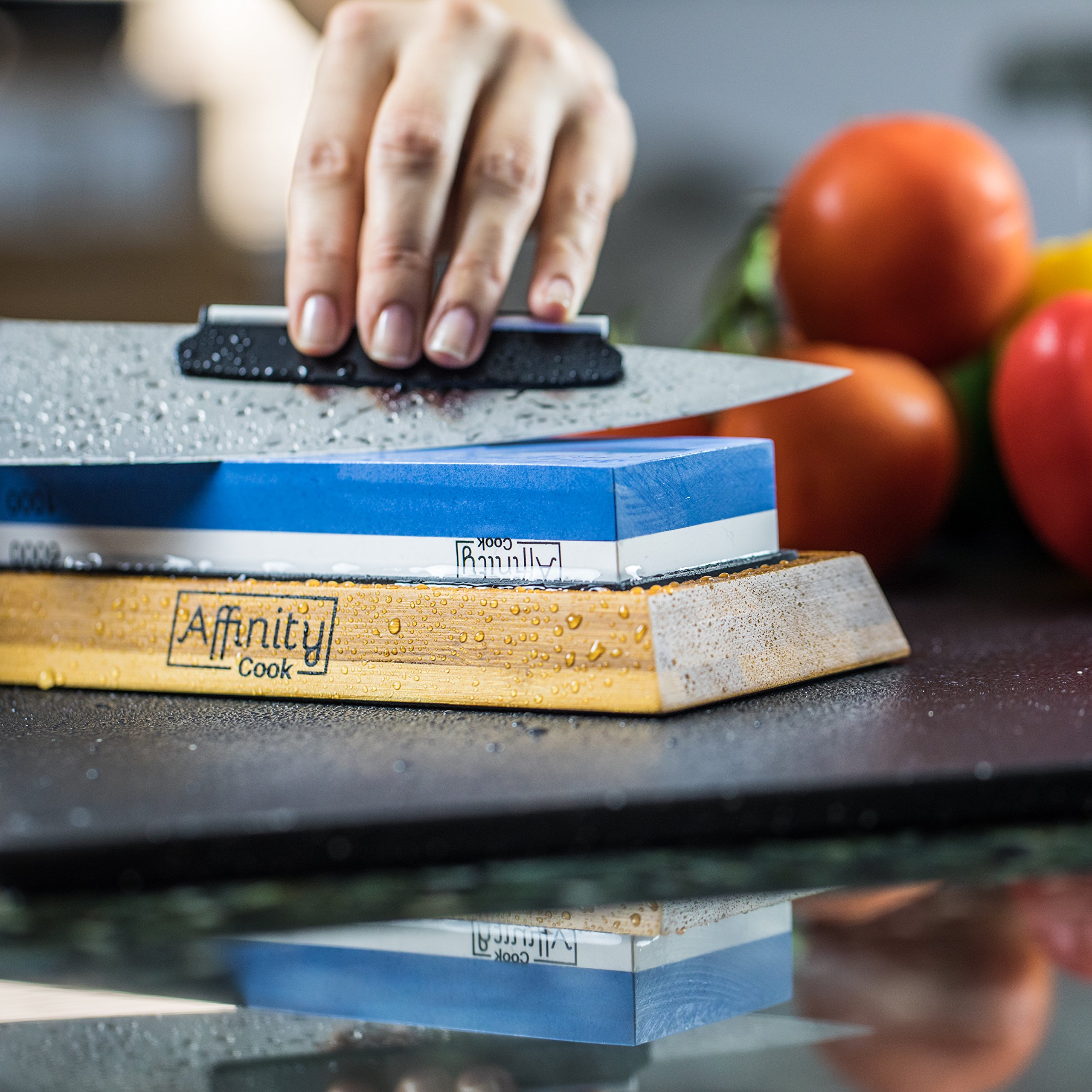 Premium Whetstone knife sharpener kit by Affinity Cook- Professional Japanese sharpening stone with 2 side grit 1000/6000- A natural non-slip bamboo base with BONUS angle guide