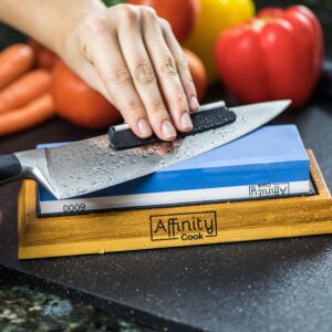 Premium Whetstone knife sharpener kit by Affinity Cook- Professional Japanese sharpening stone with 2 side grit 1000/6000- A natural non-slip bamboo base with BONUS angle guide