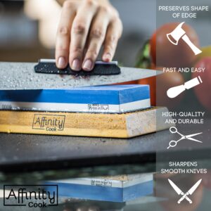 Premium Whetstone knife sharpener kit by Affinity Cook- Professional Japanese sharpening stone with 2 side grit 1000/6000- A natural non-slip bamboo base with BONUS angle guide