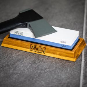 Premium Whetstone knife sharpener kit by Affinity Cook- Professional Japanese sharpening stone with 2 side grit 1000/6000- A natural non-slip bamboo base with BONUS angle guide