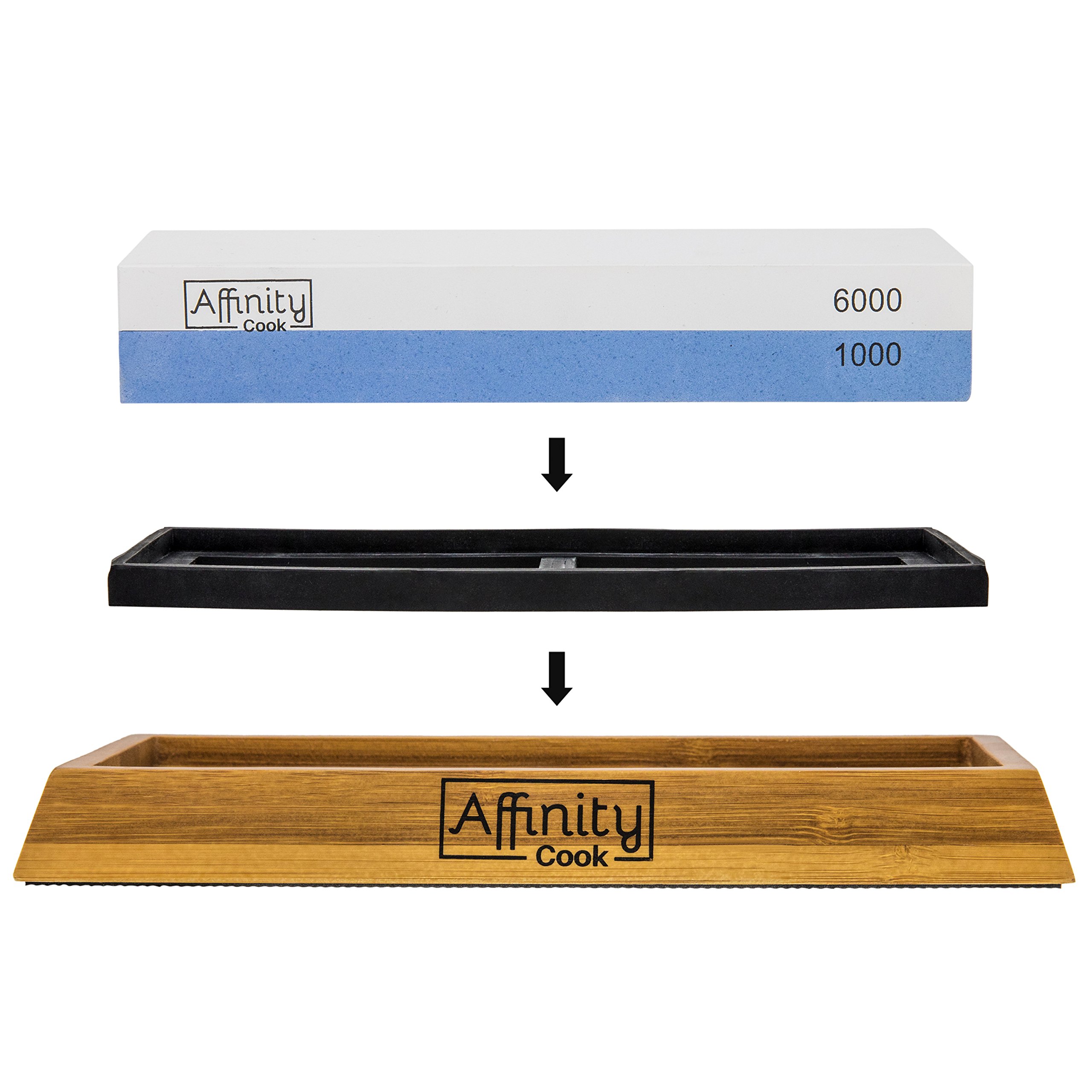 Premium Whetstone knife sharpener kit by Affinity Cook- Professional Japanese sharpening stone with 2 side grit 1000/6000- A natural non-slip bamboo base with BONUS angle guide