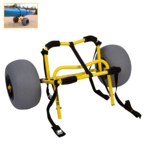 suspenz kayak beach cart trailer, dlx canoe trolley with balloon wheels sand tires and straps, yellow, flat platform, 22-7044