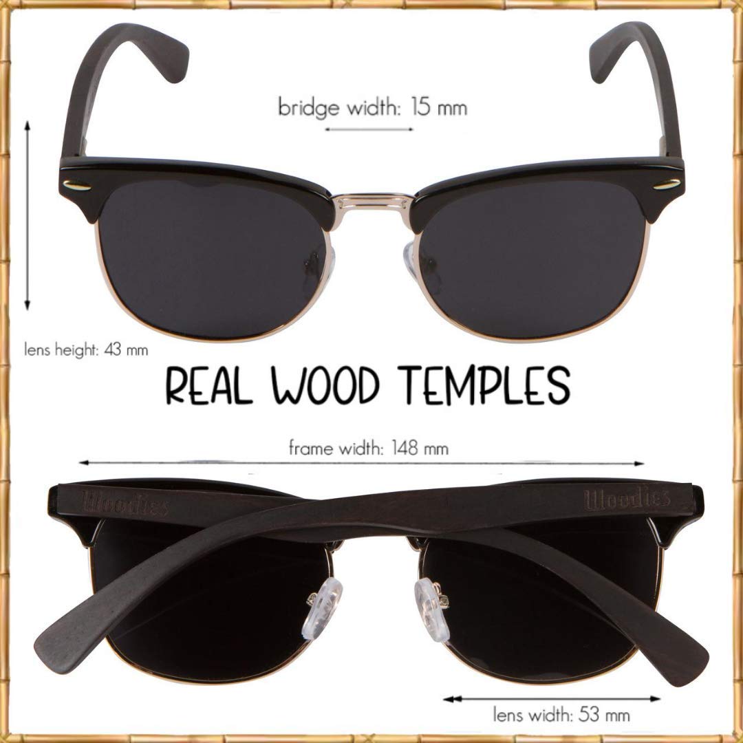 Woodies Wood Semi Rimless Sunglasses Polarized Black Lenses for Men & Women - Beach Ebony Wooden Frame - 100% UVA UVB Ray Protection