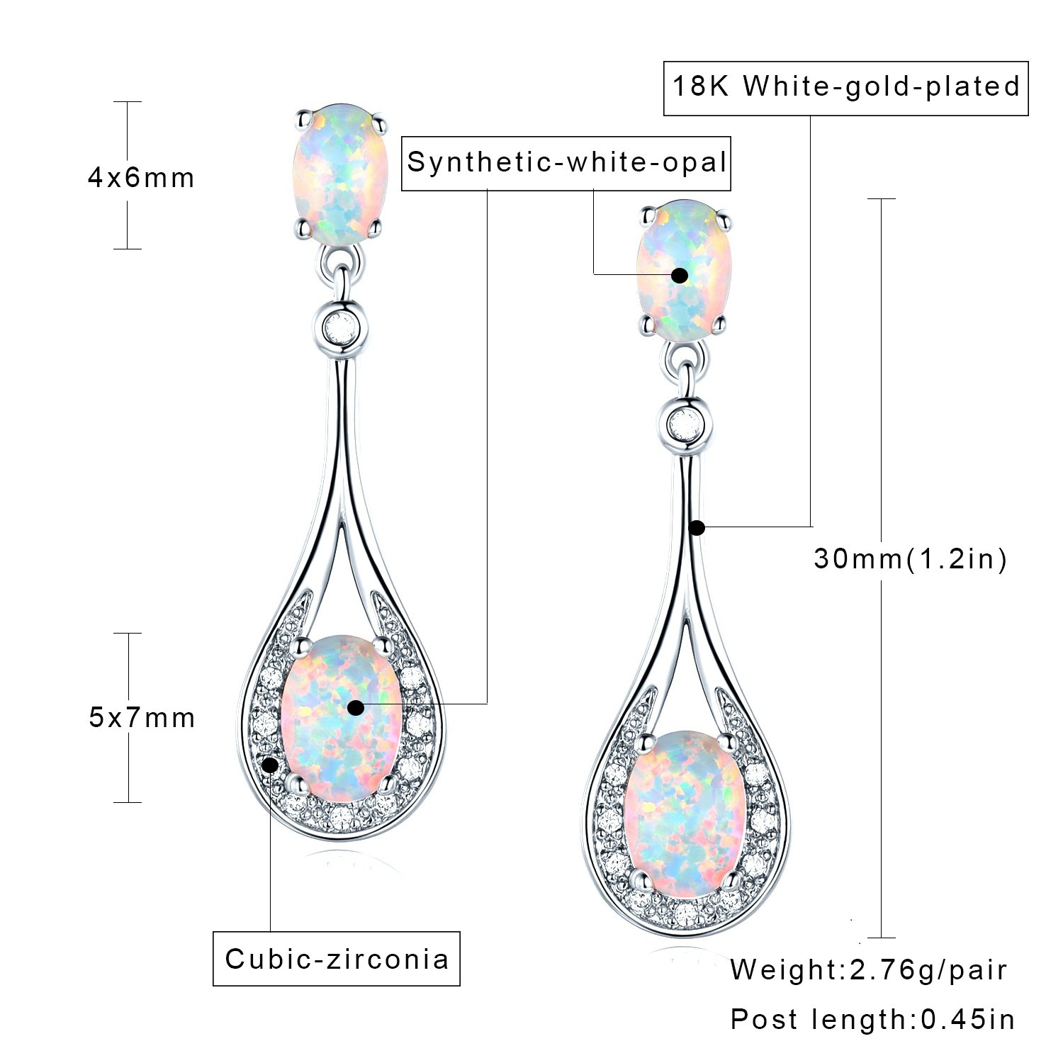 18K White Gold Plated Fire Opal Birthstone Gemstone Drop Earrings Dangle Earingings Dangly Jewelry Birthday Gifts Hypoallergenic for Women