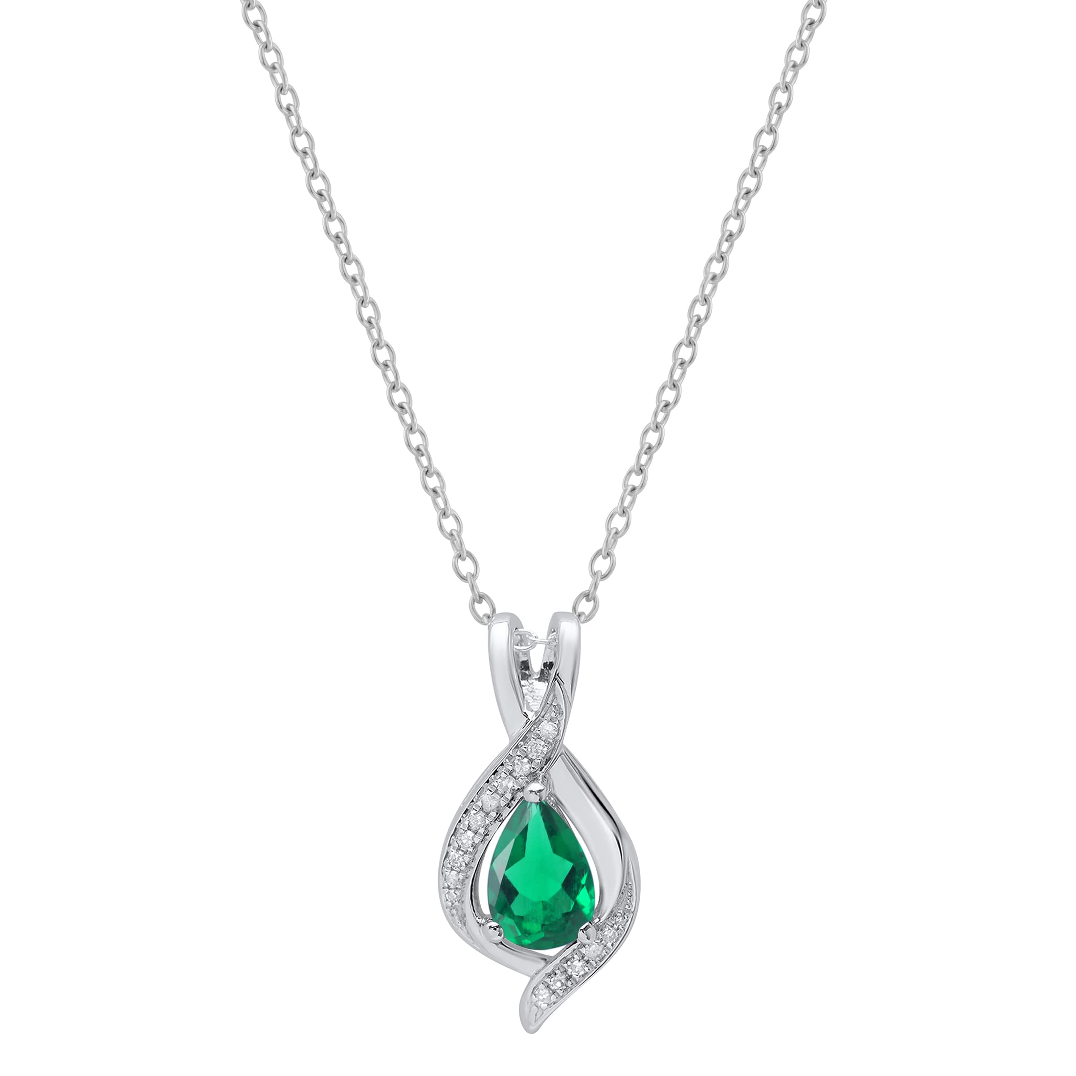 Dazzlingrock Collection 9x6 mm Pear Lab Created Emerald & Round White Diamond Swirl Teardrop Pendant with 18 inch Silver Chain for Women in 10K White Gold