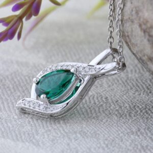 Dazzlingrock Collection 9x6 mm Pear Lab Created Emerald & Round White Diamond Swirl Teardrop Pendant with 18 inch Silver Chain for Women in 10K White Gold