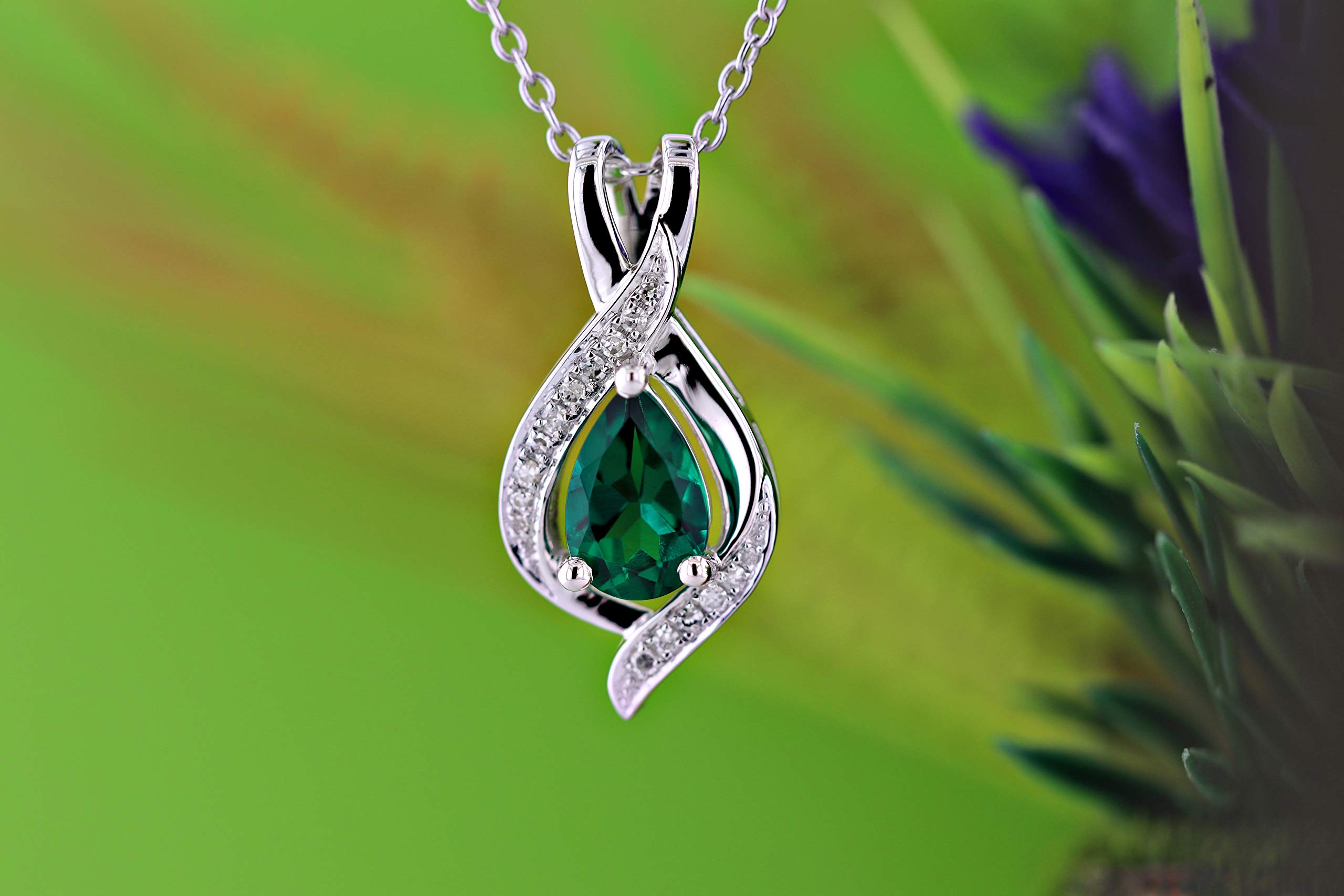 Dazzlingrock Collection 9x6 mm Pear Lab Created Emerald & Round White Diamond Swirl Teardrop Pendant with 18 inch Silver Chain for Women in 10K White Gold