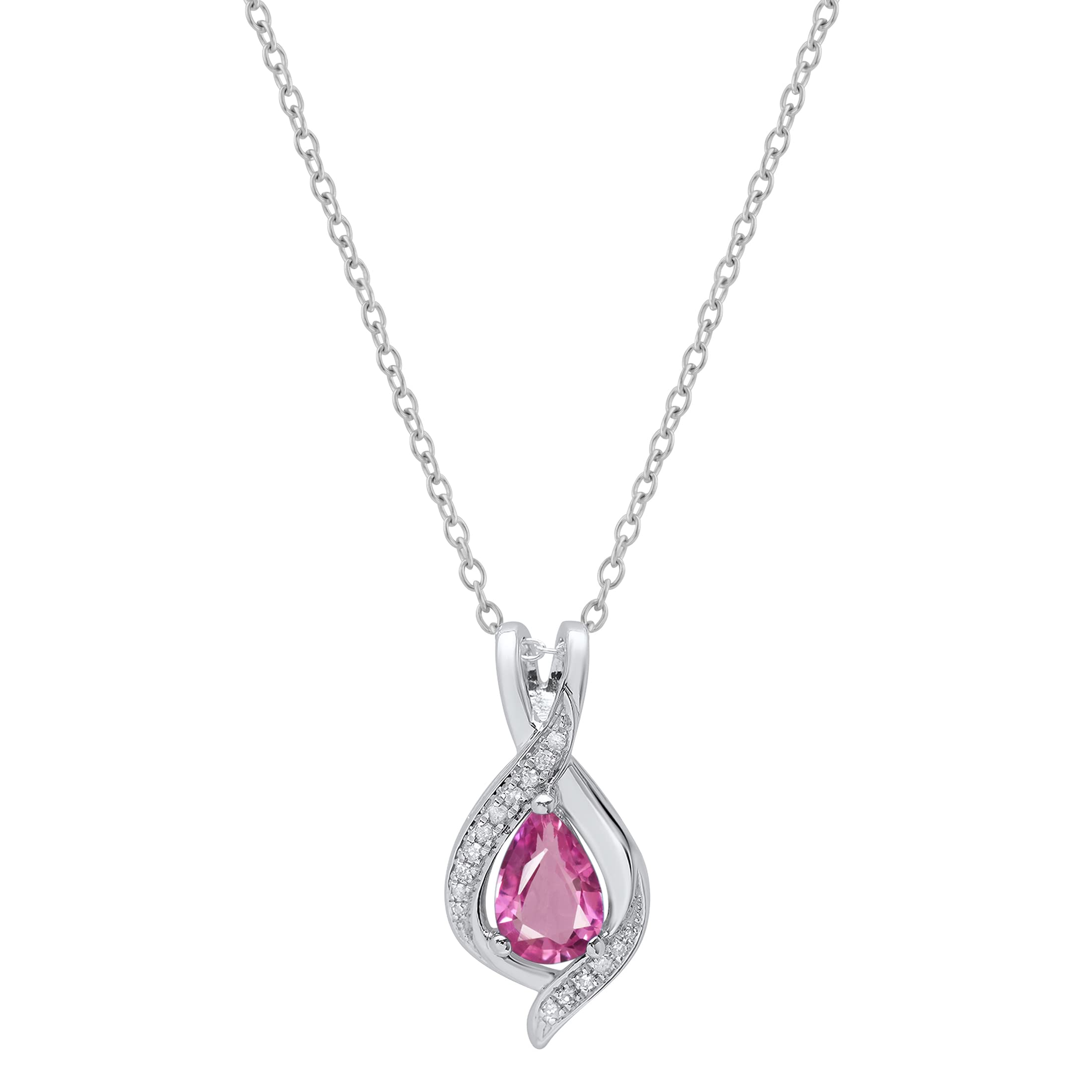 Dazzlingrock Collection 9x6 mm Pear Lab Created Pink Sapphire & Round White Diamond Swirl Teardrop Pendant with 18 inch Silver Chain for Women in 14K White Gold