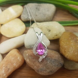 Dazzlingrock Collection 9x6 mm Pear Lab Created Pink Sapphire & Round White Diamond Swirl Teardrop Pendant with 18 inch Silver Chain for Women in 14K White Gold