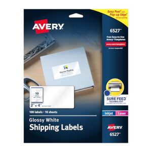 avery shipping labels with sure feed and easy peel technology, glossy white labels, 2" x 4", permanent adhesive, laser/inkjet, 100 glossy labels (6527)