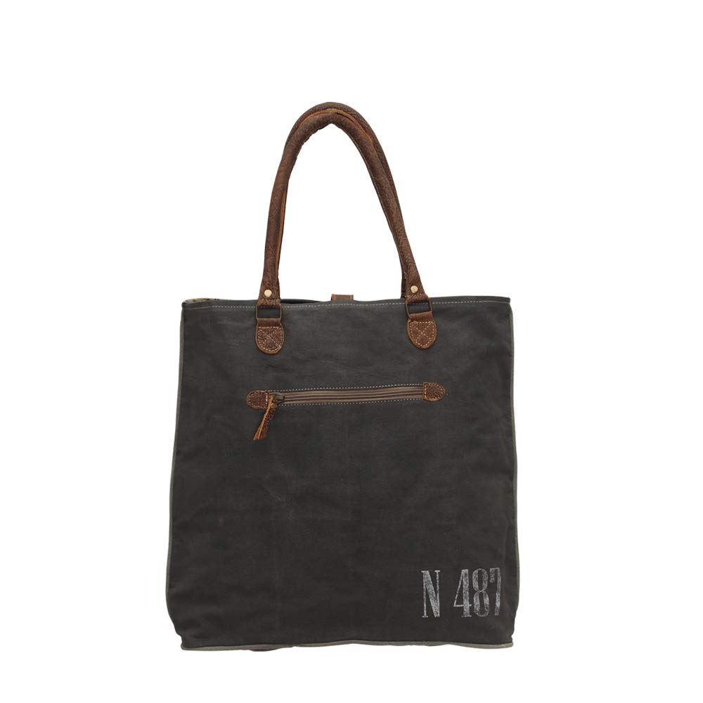 Myra Bags Floral Side Upcycled Canvas Tote Bag S-0733, Tan, Khaki, Brown, One_Size