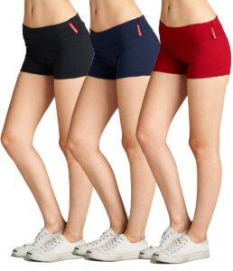 emmalise women's active yoga shorts low rise fold over workout dance pant (large, 3pk, black navy red)