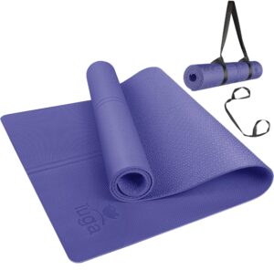 iuga eco friendly yoga mat with alignment lines, free carry strap, non slip tpe yoga mat for all types of yoga, extra large exercise and fitness mat size 72”x26”x1/4" purple