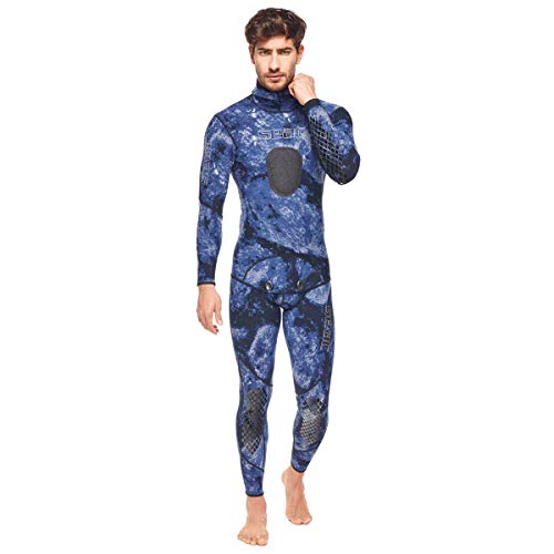 SEAC Makaira 2mm Camo Spearfishing Wetsuits for Man Two-Pieces Design Premium Yamamoto Neoprene with Super Stretch Armpit for Freediving, Camo Blue, Large