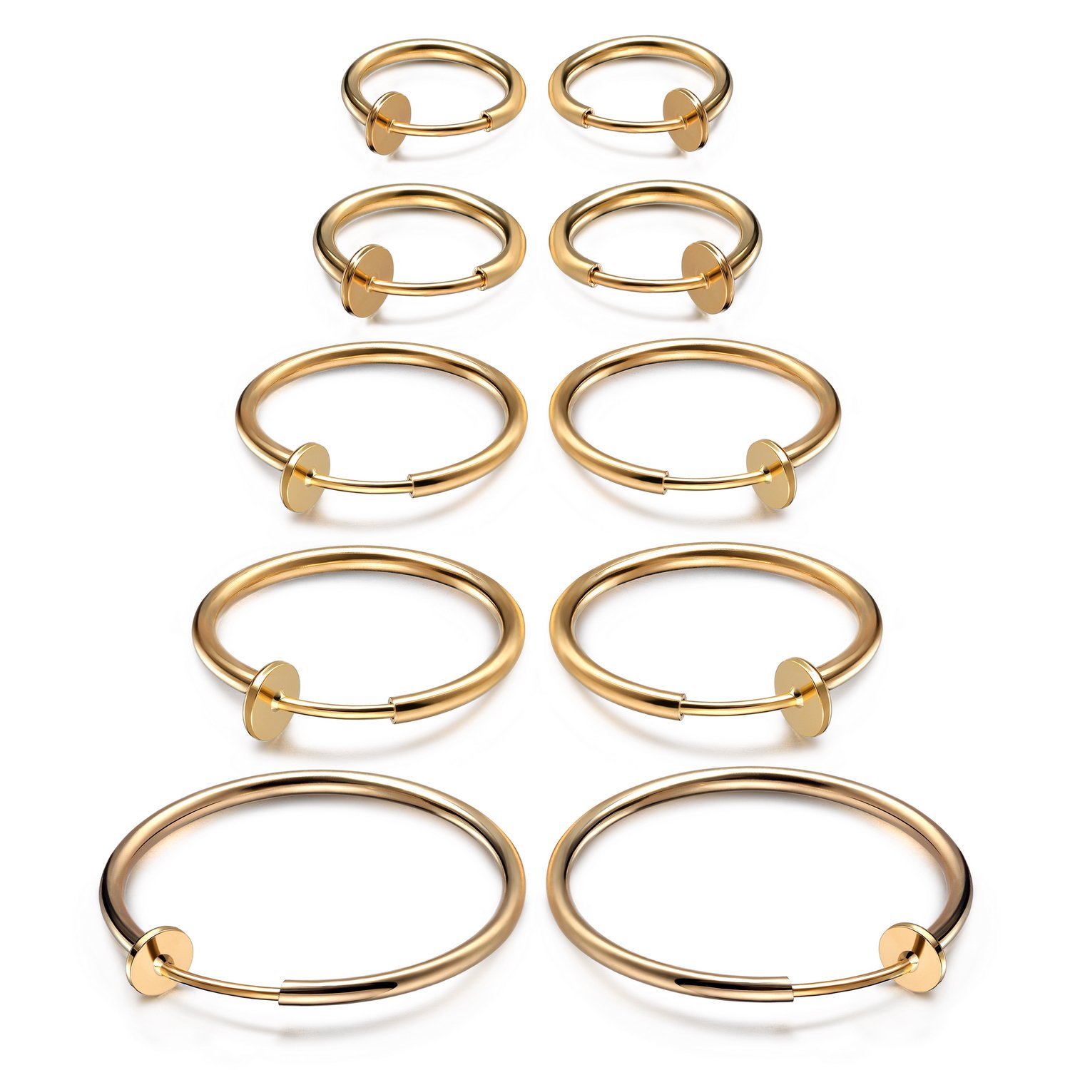 JewelrieShop Clip on Hoop Earrings for Women Fake Nose Ring Faux Lip Septum Ring Fake Cartilage Earrings Spring Endless Hoop Earrings Non Piercing Lobes Men (5 Pairs, 13mm-25mm, Gold)