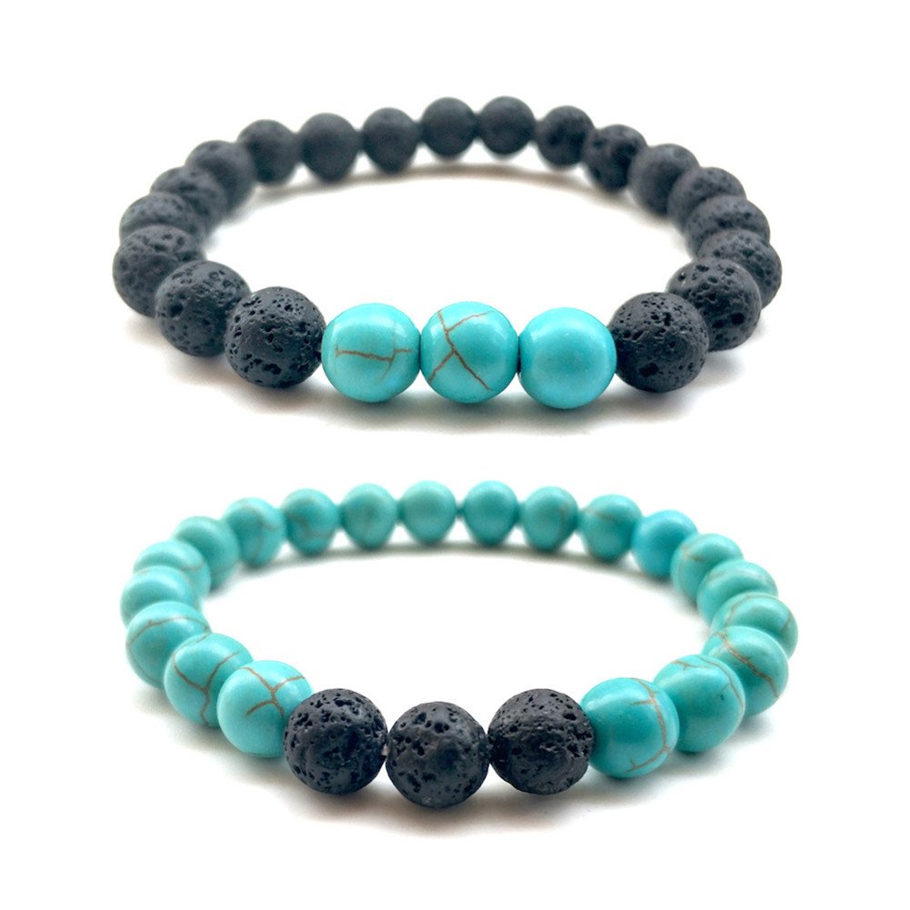 GIONO 2PCS Lava Stone Turquoise Reiki Bracelet Howlite Essential Oil Diffuser Relationship Beads Elastic Yoga Balance Bangle