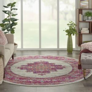 nourison passion ivory/fuchsia 8' x round area-rug, boho, traditional, easy-cleaning, non shedding, bed room, living room, hallway, (8' round)