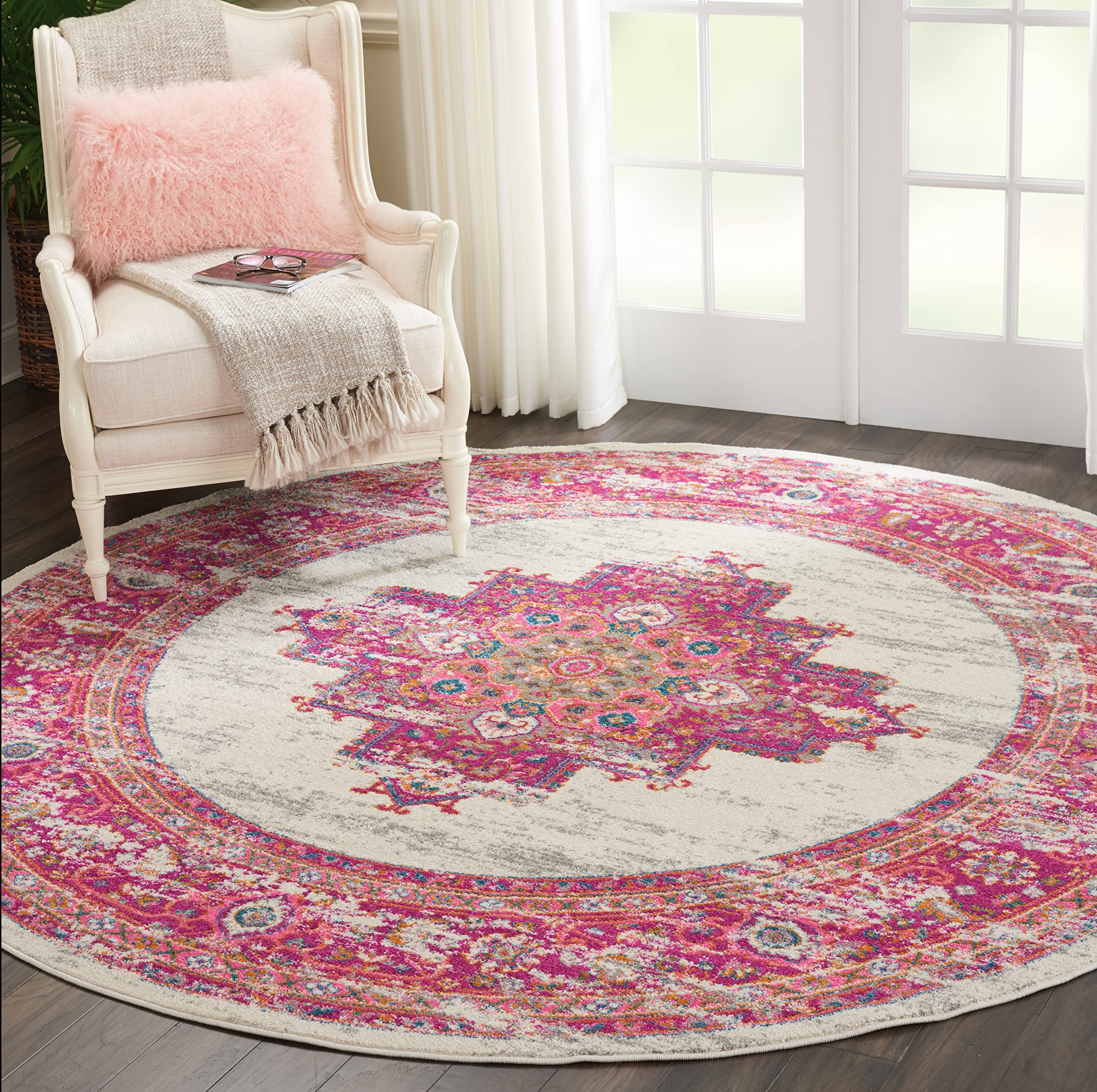 Nourison Passion Ivory/Fuchsia 8' x Round Area-Rug, Boho, Traditional, Easy-Cleaning, Non Shedding, Bed Room, Living Room, Hallway, (8' Round)