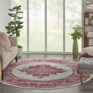 Nourison Passion Ivory/Fuchsia 8' x Round Area-Rug, Boho, Traditional, Easy-Cleaning, Non Shedding, Bed Room, Living Room, Hallway, (8' Round)