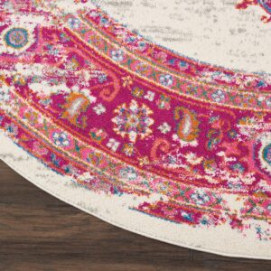 Nourison Passion Ivory/Fuchsia 8' x Round Area-Rug, Boho, Traditional, Easy-Cleaning, Non Shedding, Bed Room, Living Room, Hallway, (8' Round)