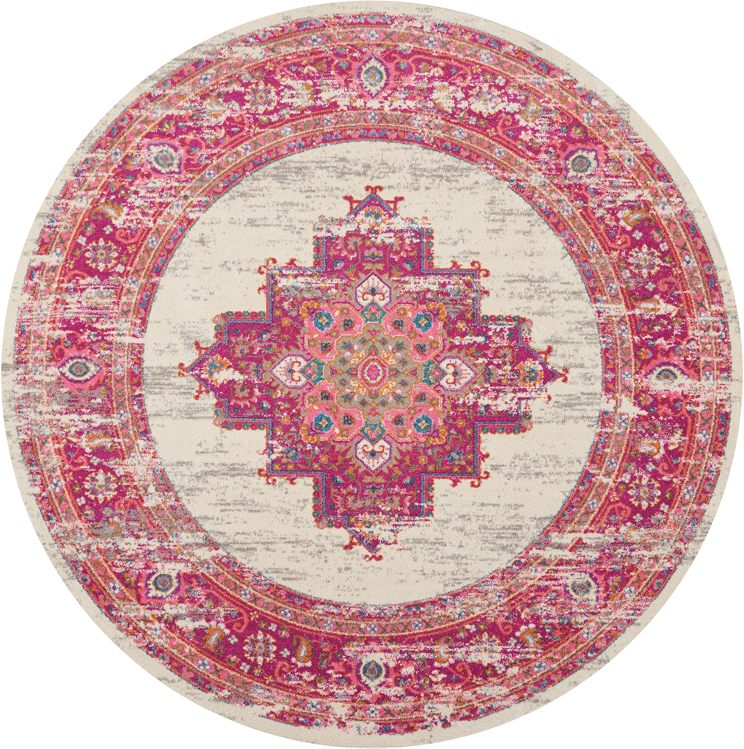 Nourison Passion Ivory/Fuchsia 8' x Round Area-Rug, Boho, Traditional, Easy-Cleaning, Non Shedding, Bed Room, Living Room, Hallway, (8' Round)