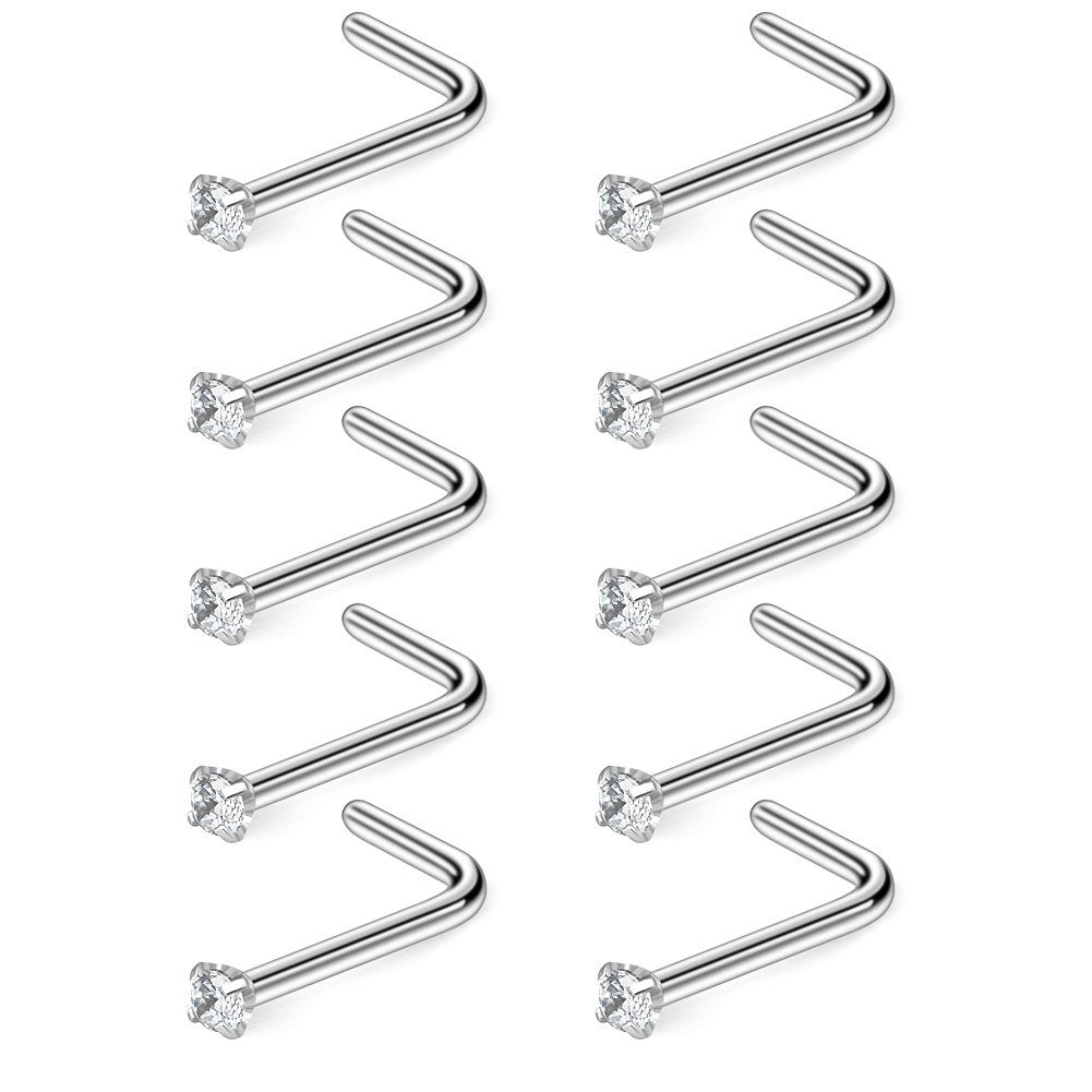 Ruifan 10PCS 22G Surgical Steel Clear Diamond CZ Nose Stud Rings L Shaped Piercing Jewelry 1.5mm