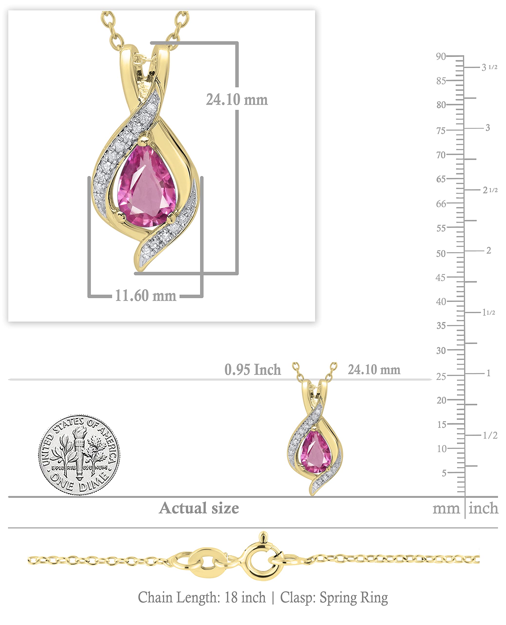 Dazzlingrock Collection 9x6 mm Pear Lab Created Pink Sapphire & Round White Diamond Swirl Teardrop Pendant with 18 inch Gold Chain for Women in 10K Yellow Gold