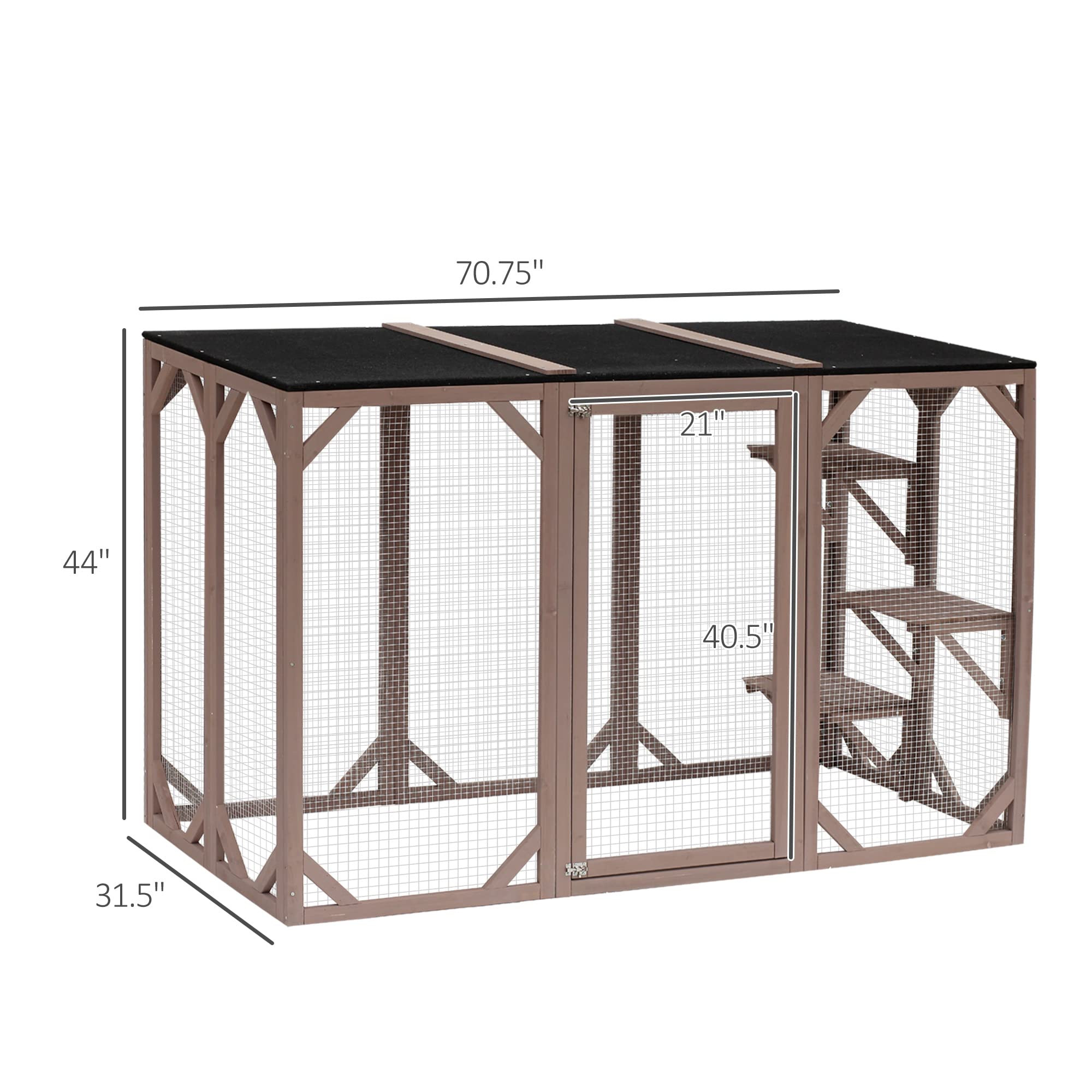 PawHut Outdoor Cat House, Catio Wooden Feral Cat Shelter, Cat Cage with Platforms, Large Enter Door, Weather Protection Asphalt Roof, 71" L, Brown