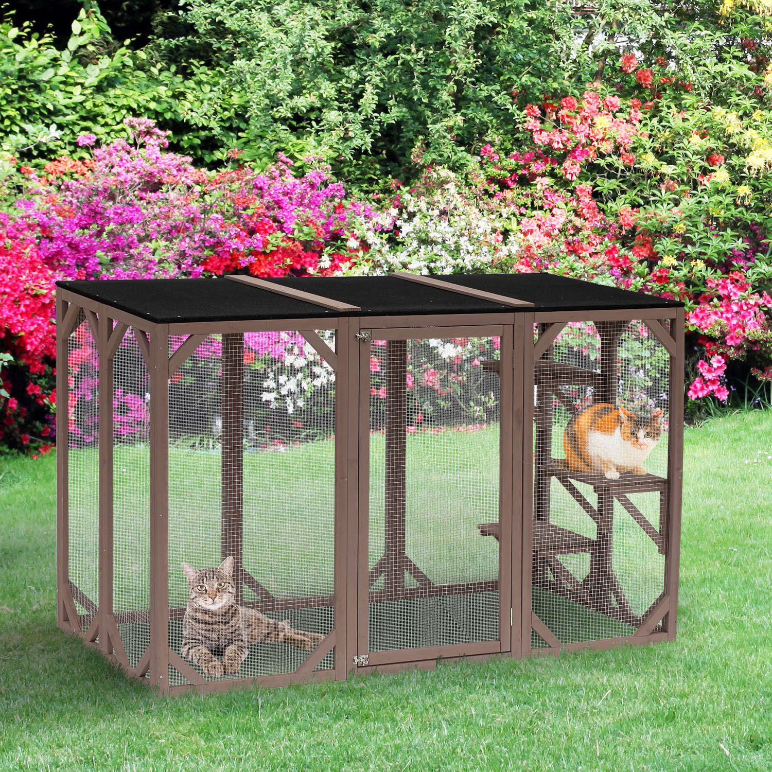 PawHut Outdoor Cat House, Catio Wooden Feral Cat Shelter, Cat Cage with Platforms, Large Enter Door, Weather Protection Asphalt Roof, 71" L, Brown