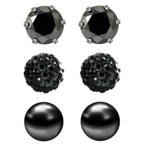 JewelrieShop Black Studs Earrings for Women CZ Rhinestones Crystal Ball Fake Pearl Stainless Steel Party Stud July Birthstone Earring Set for Women (3 pairs,6mm Round,July)