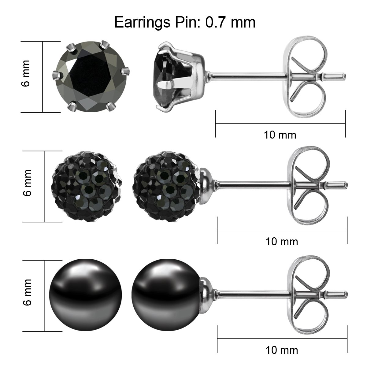 JewelrieShop Black Studs Earrings for Women CZ Rhinestones Crystal Ball Fake Pearl Stainless Steel Party Stud July Birthstone Earring Set for Women (3 pairs,6mm Round,July)