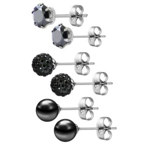 JewelrieShop Black Studs Earrings for Women CZ Rhinestones Crystal Ball Fake Pearl Stainless Steel Party Stud July Birthstone Earring Set for Women (3 pairs,6mm Round,July)