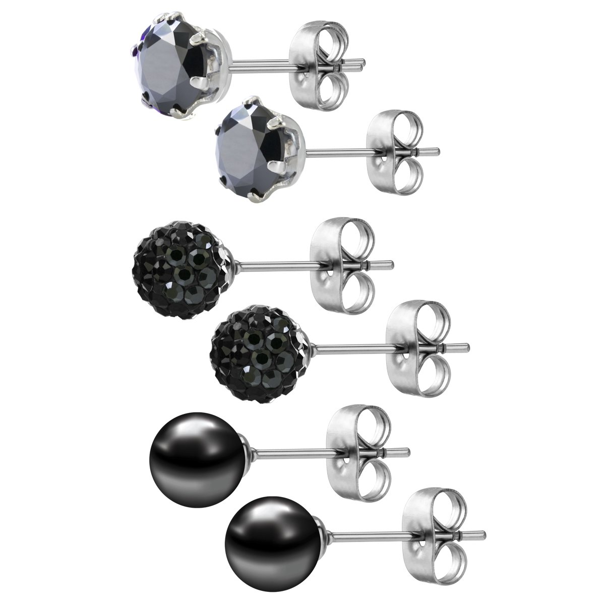 JewelrieShop Black Studs Earrings for Women CZ Rhinestones Crystal Ball Fake Pearl Stainless Steel Party Stud July Birthstone Earring Set for Women (3 pairs,6mm Round,July)