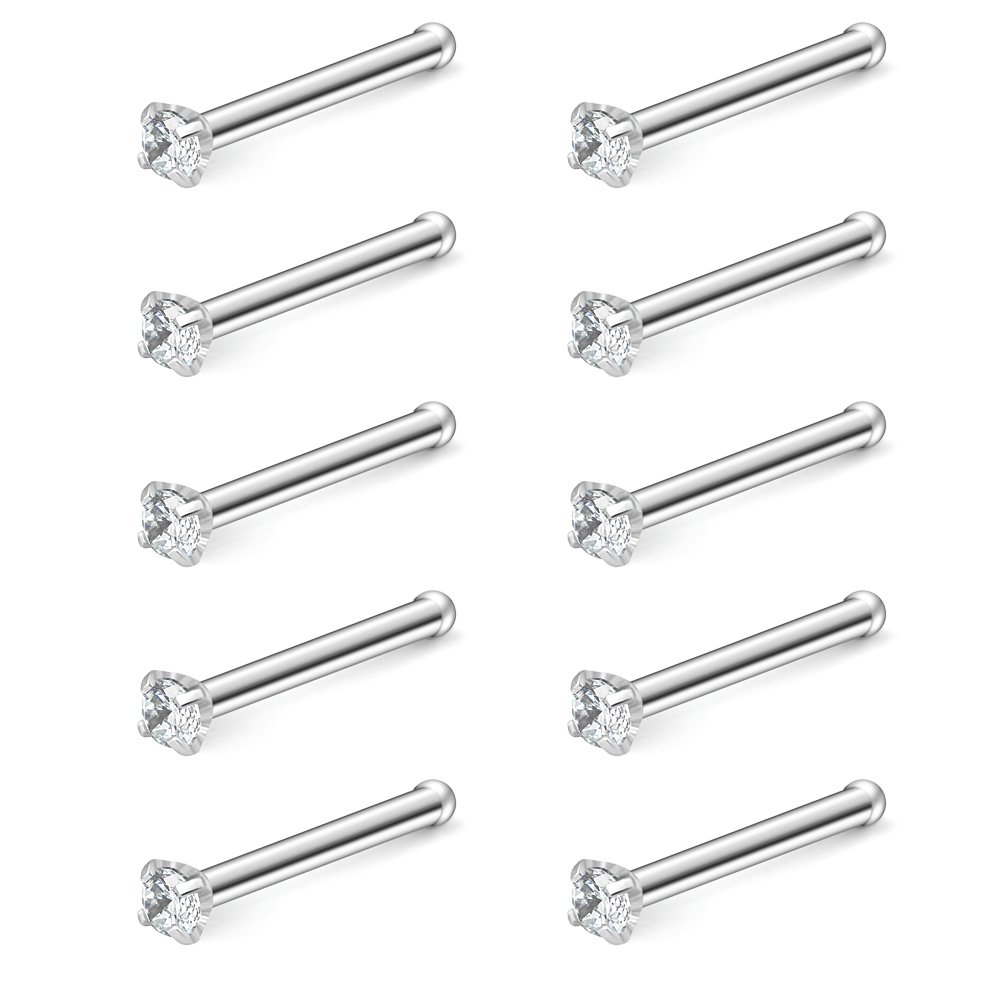 Ruifan 10PCS 20G Surgical Steel Clear Diamond CZ Nose Stud Rings Bone Pin Piercing Jewelry 1.5mm