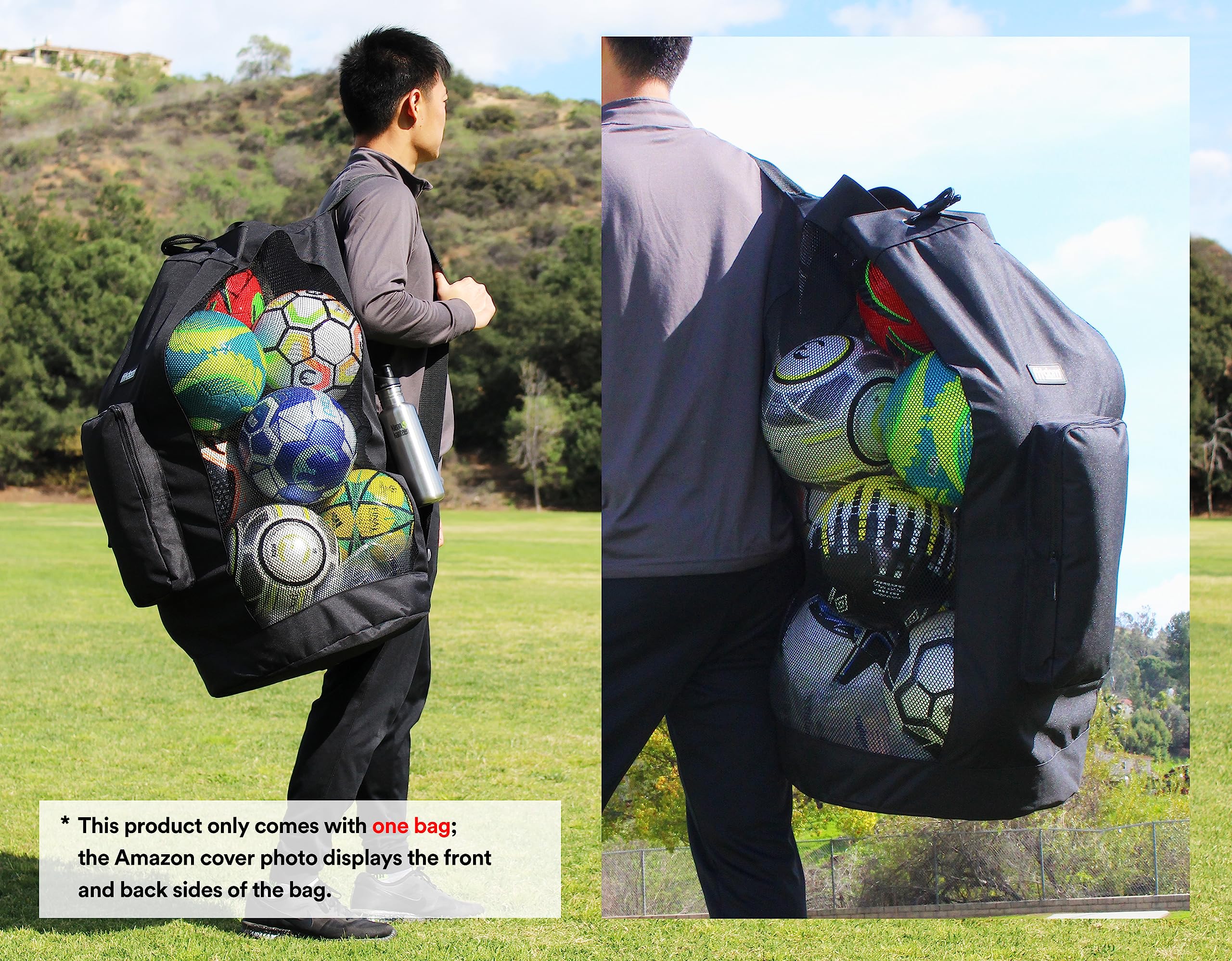 Fitdom Heavy Duty XL Soccer Mesh Equipment Ball Bag w/Adjustable Shoulder Strap Design for Coach. with an Over-Sized Front Pocket for Sporting Accessories. Best for All Outdoor & Water Gears