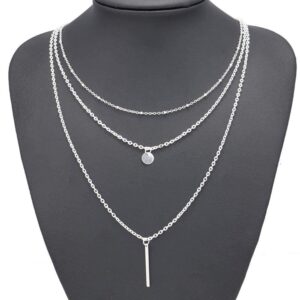 fxmimior Multilayer Necklace 3 Tier Pendant Long Chain Women Accessories(silver)