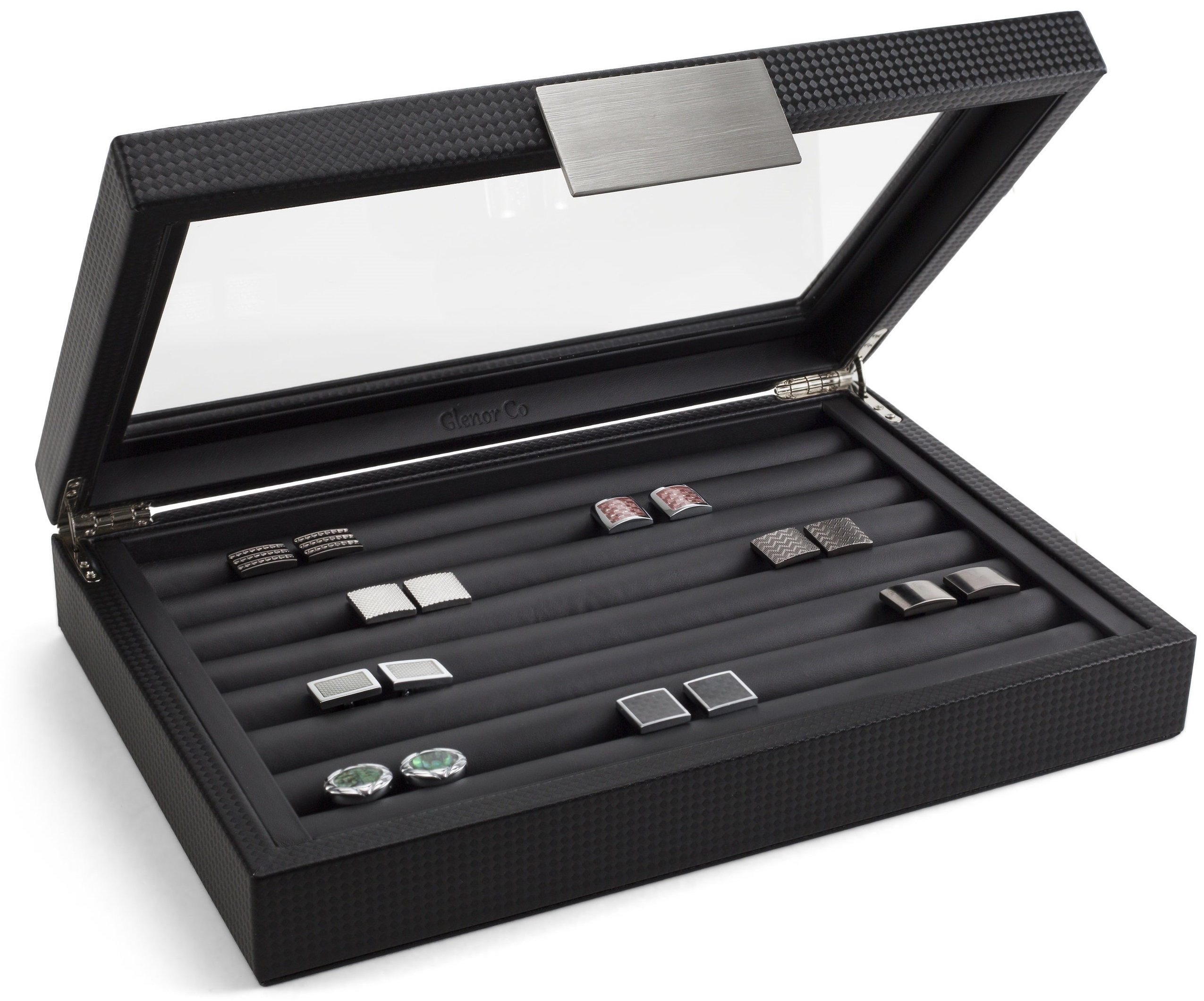 Glenor Co Cufflink Box for Men - Holds 70 Cufflinks - Luxury Display Jewelry Case -Carbon Fiber Design - Metal Buckle Holder, Large Glass Top - Black