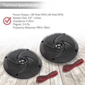 Pyle Marine Speakers - 4 Inch 2 Way Waterproof and Weather Resistant Outdoor Audio Stereo Sound System with 100 Watt Power and Low Profile Slim Style Design - 1 Pair - PLMRS4B (Black)