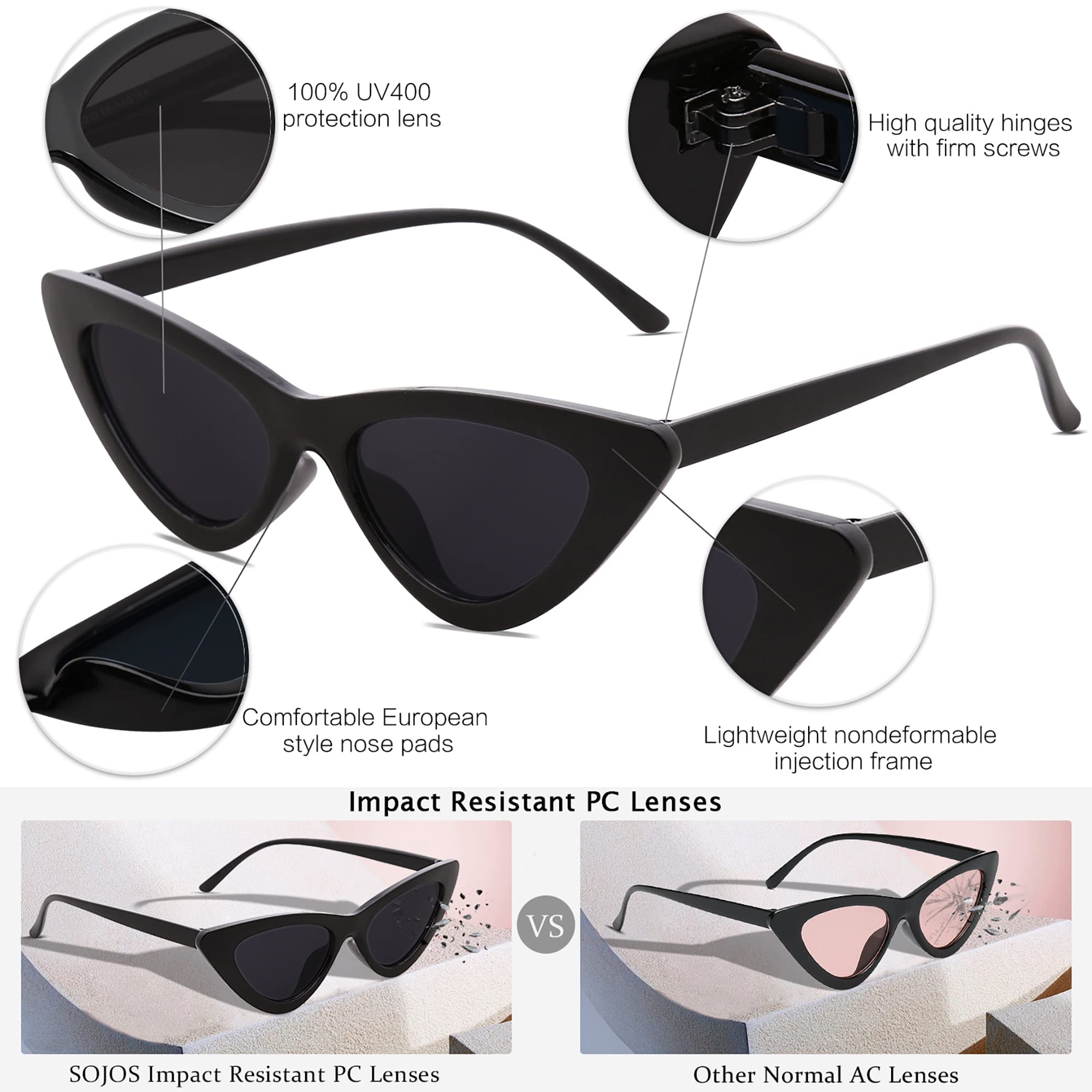 SOJOS Retro Vintage Narrow Cat Eye Sunglasses for Women Clout Goggles Plastic Frame SJ2044 with Black Frame/Grey Lens