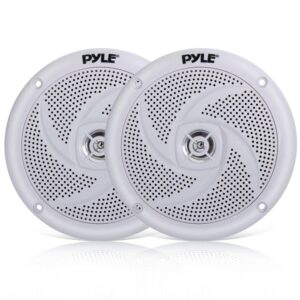 pyle marine speakers - 5.25 inch 2 way waterproof and weather resistant outdoor audio stereo sound system with 180 watt power and low profile slim style - 1 pair - plmrs5w (white)