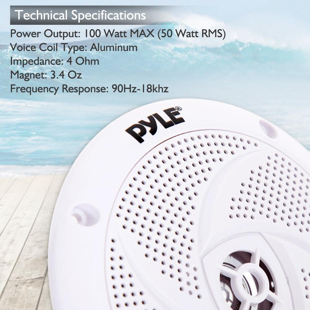 Pyle Marine Speakers - 4 Inch 2 Way Waterproof and Weather Resistant Outdoor Audio Stereo Sound System with 100 Watt Power and Low Profile Slim Style Design - 1 Pair - PLMRS4W (White)