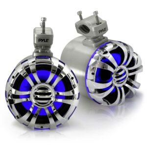 Pyle Marine Speakers - 5.25 Inch Waterproof IP44 Rated Wakeboard Tower and Weather Resistant Outdoor Audio Stereo Sound System with Built-in LED Lights - 1 Pair in Silver (PLMRWB50L)