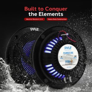 Pyle Marine Speakers - 5.25 Inch 2 Way Waterproof and Weather Resistant Outdoor Audio Stereo Sound System with LED Lights, 180 Watt Power and Low Profile Slim Style - 1 Pair - PLMRS53BL (Black)