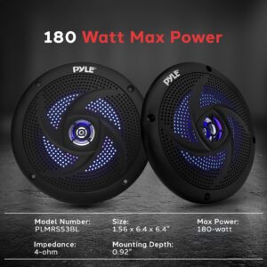 Pyle Marine Speakers - 5.25 Inch 2 Way Waterproof and Weather Resistant Outdoor Audio Stereo Sound System with LED Lights, 180 Watt Power and Low Profile Slim Style - 1 Pair - PLMRS53BL (Black)