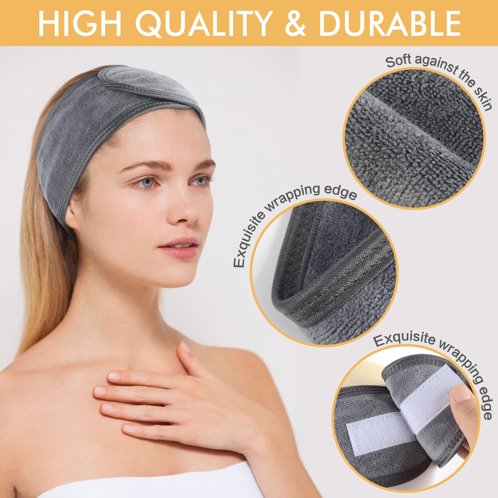 SINLAND Spa Headband for Women 3 Counts Ultra Soft Adjustable Makeup Hair Band with Magic Tape, Terry Cloth Stretch Head Wrap for Face Washing, Bath, Shower, Facial Mask, Yoga